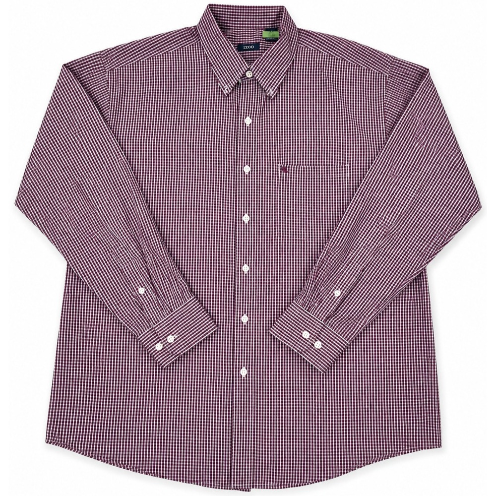 IZOD Premium Essentials Gingham Button Down Shirt XL Burgundy White Cotton